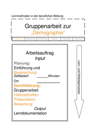 Lernmethoden in der beruflichen Bildung


             Gruppenarbeit zur
                   „Demographie“
  Einstieg   Besprechung   Durchführung     Halbzeit   Präsentation   Bewertung




             Arbeitsauftrag
                 Input



                                                                         Lern- und Arbeitsprozesse
 Planung:
 Einführung und
 Besprechung
 Zeitbedarf:                              Minuten
 Ort:
 Durchführung:
 Gruppenarbeit
 Halbzeittreffen
 Präsentation
 Bewertung:
              Output
 Lerndokumentation
 