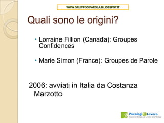 Quali sono le origini?
 • Lorraine Fillion (Canada): Groupes
   Confidences

 • Marie Simon (France): Groupes de Parole


2006: avviati in Italia da Costanza
 Marzotto
 