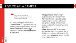 I GRUPPI ALLA CAMERA
ma alla Camera possono esservi
Gruppi minori se rappresentano un
partito che abbia presentato proprie
liste di candidati in venti seggi,
ottenendo almeno trecentomila voti
di lista validi.
Per costituire un Gruppo
parlamentare occorre un numero
minimo di venti deputati
Il Regolamento della Camera
stabilisce che i deputati che non
hanno dichiarato a quale Gruppo
appartengono entrano a far parte
del Gruppo Misto, all’interno del
quale possono formare componenti
politiche.
Il Regolamento del Senato non
contempla questa possibilità, che si
è affermata tuttavia nella prassi ed è
ormai una consuetudine in entrambi
i rami del Parlamento.
“
 