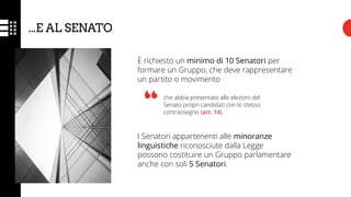 È richiesto un minimo di 10 Senatori per
formare un Gruppo, che deve rappresentare
un partito o movimento
I Senatori appartenenti alle minoranze
linguistiche riconosciute dalla Legge
possono costituire un Gruppo parlamentare
anche con soli 5 Senatori.
che abbia presentato alle elezioni del
Senato propri candidati con lo stesso
contrassegno (art. 14).
...E AL SENATO
“
 