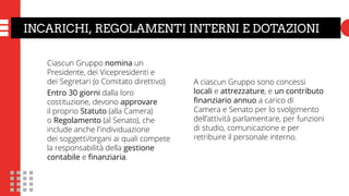 INCARICHI, REGOLAMENTI INTERNI E DOTAZIONI
Ciascun Gruppo nomina un
Presidente, dei Vicepresidenti e
dei Segretari (o Comitato direttivo).
Entro 30 giorni dalla loro
costituzione, devono approvare
il proprio Statuto (alla Camera)
o Regolamento (al Senato), che
include anche l’individuazione
dei soggetti/organi ai quali compete
la responsabilità della gestione
contabile e finanziaria.
A ciascun Gruppo sono concessi
locali e attrezzature, e un contributo
finanziario annuo a carico di
Camera e Senato per lo svolgimento
dell’attività parlamentare, per funzioni
di studio, comunicazione e per
retribuire il personale interno.
 