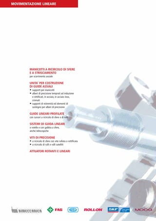 PV-MINETTI:Layout 1 22/11/12 10:48 Pagina 10




         MOVIMENTAZIONE LINEARE




                          MANICOTTI A RICIRCOLO DI SFERE
                          E A STRISCIAMENTO
                          per scorrimento assiale

                          UNITA’ PER COSTRUZIONE
                          DI GUIDE ASSIALI
                          • supporti per manicotti
                          • alberi di precisione temprati ad induzione
                            e rettificati, in acciaio, in acciaio inox,
                            cromati
                          • supporti di estremità ed elementi di
                            sostegno per alberi di precisione

                          GUIDE LINEARI PROFILATE
                          con cursori a ricircolo di sfere e di rulli

                          SISTEMI DI GUIDA LINEARI
                          a rotelle e con gabbia a sfere,
                          anche telescopiche

                          VITI DI PRECISIONE
                          • a ricircolo di sfere con vite rullata o rettificata
                          • a ricircolo di rulli e rulli satelliti

                          ATTUATORI ROTANTI E LINEARI
 