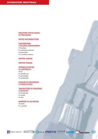 PV-MINETTI:Layout 1 22/11/12 10:53 Pagina 16




         AUTOMAZIONE INDUSTRIALE




                          RIDUTTORI EPICICLOIDALI
                          DI PRECISIONE

                          MICRO MOTORIDUTTORI

                          SERVOMOTORI
                          E RELATIVI AZIONAMENTI
                          • Brushless
                          • servomotori asincroni
                          • passo-passo
                          • in corrente continua

                          MOTORI LINEARI

                          MOTORI TORQUE

                          APPARECCHIATURE
                          DI CONTROLLO
                          • PLC
                          • controllo assi
                          • posizionatori
                          • visualizzatori

                          SENSORI DI PROSSIMITA’
                          E FOTOELETTRICI

                          TRASDUTTORI DI POSIZIONE
                          E VELOCITA’
                          • incrementali
                          • assoluti
                          • ottici

                          BARRIERE DI SICUREZZA
                          • ottiche
                          • a contatto
 