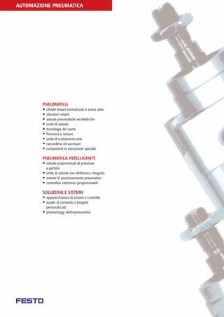 PV-MINETTI:Layout 1 22/11/12 10:53 Pagina 18




         AUTOMAZIONE PNEUMATICA




                          PNEUMATICA
                          • cilindri lineari normalizzati e senza stelo
                          • attuatori rotanti
                          • valvole pneumatiche ed elettriche
                          • unità di valvole
                          • tecnologia del vuoto
                          • finecorsa e sensori
                          • unità di trattamento aria
                          • raccorderia ed accessori
                          • componenti in esecuzione speciale

                          PNEUMATICA INTELLIGENTE
                          • valvole proporzionali di pressione
                             e portata
                          • unità di valvole con elettronica integrata
                          • sistemi di posizionamento pneumatico
                          • controllori elettronici programmabili

                          SOLUZIONI E SISTEMI
                          • apparecchiature di visione e controllo
                          • quadri di comando e progetti
                             personalizzati
                          • premontaggi elettropneumatici
 