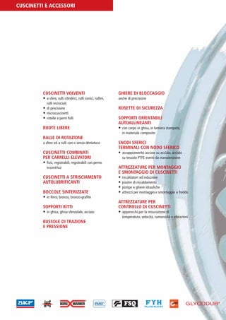 PV-MINETTI:Layout 1 22/11/12 10:47 Pagina 8




         CUSCINETTI E ACCESSORI




                          CUSCINETTI VOLVENTI                                   GHIERE DI BLOCCAGGIO
                          • a sfere, rulli cilindrici, rulli conici, rullini,   anche di precisione
                            rulli incrociati
                          • di precisione                                       ROSETTE DI SICUREZZA
                          • microcuscinetti
                          • rotelle e perni folli                               SOPPORTI ORIENTABILI
                                                                                AUTOALLINEANTI
                          RUOTE LIBERE                                          • con corpo in ghisa, in lamiera stampata,
                                                                                  in materiale composito
                          RALLE DI ROTAZIONE
                          a sfere ed a rulli con o senza dentatura              SNODI SFERICI
                                                                                TERMINALI CON NODO SFERICO
                          CUSCINETTI COMBINATI                                  • accoppiamento acciaio su acciaio, acciaio
                          PER CARRELLI ELEVATORI                                  su tessuto PTFE esenti da manutenzione
                          • fissi, registrabili, registrabili con perno
                             eccentrico                                         ATTREZZATURE PER MONTAGGIO
                                                                                E SMONTAGGIO DI CUSCINETTI
                          CUSCINETTI A STRISCIAMENTO                            • riscaldatori ad induzione
                          AUTOLUBRIFICANTI                                      • piastre di riscaldamento
                                                                                • pompe e ghiere idrauliche
                          BOCCOLE SINTERIZZATE                                  • attrezzi per montaggio e smontaggio a freddo
                          • in ferro, bronzo, bronzo-grafite
                                                                                ATTREZZATURE PER
                          SOPPORTI RITTI                                        CONTROLLO DI CUSCINETTI
                          • in ghisa, ghisa sferoidale, acciaio                 • apparecchi per la misurazione di
                                                                                  temperatura, velocità, rumorosità e vibrazioni
                          BUSSOLE DI TRAZIONE
                          E PRESSIONE




                                                                     FARO                                                     GLYCODUR®
 