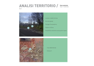 ANALISI TERRITORIO /

Zona cavalcavia
dopo il cavalcavia

3.3

- La pista ciclabile termina
- No marciapiede
- Passggio di autovetture
- Spiazzo in disuso
- Possbilità di utilizzarlo come punto di riposo

- Case abbandonate
- Street art

 