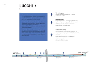 LUOGHI  /

13 -

5.1

1

La zona del Naviglio Grande è costeggiata in
zona San Cristoforo da negozietti e spazi espositivi e che riguardano l’arte e il design.
I percorsi portano esattamente in questi luoghi
dove si può tranquillamente passare la domenica passeggiando e acculturandosi.
La zona di San Cristoforo è molto anche caratteristica lomabarda.

2

The white space
Grande per esposizioni di arte e design.
via Lodovico il Moro
Ex Richard Ginori
Ex porcellaneria ora è un complesso di edifici che
ospitano shops e showrooms. È molto interessante
durante la settiman del Salone del Mobile.
Via Morimondo - 20100 MILANO
MV% Ceramics design

Tra porta Genova e il cavalcavia c’è un lunghissimo muro bianco che verrà dipinto da street
artist durante degli eventi organizzati appositamente dove sarà possibile ammirare gli street
artisti all’opera.

3

Delizioso shop di ceramiche tutto handmade. Da
visitare, sopratutto per agli amanti del design e delle
cose belle.
Alzaia Naviglio Grande 156 - 20144 Milano
aperto tutti i giorni
info orari : +39 02 47710256

1

4

3

5

alzaia naviglio grande
2

via Lodovico il Moro
Lod. il Moro
Pestalozzi

6

viale Cassala

canottieri /
fine percorso

inizio percorso

7
alzaia naviglio grande

via Lodovico il Moro
Ripa ticinese
d’Adda

Naviglio grande

Ripa ticinese
Lombardini

Ripa di Porta Ticinese

 