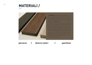 27 -

MATERIALI /
10.1

Il Plasticwood, o WPC, Wood and Plastic Composite, è un prodotto composto di due elementi: un materiale termoplastico ed un materiale
vegetale con caratteristiche per lo più inerti alla
temperatura e pressione.
I materiali ottenuti sono uguali o simili al legno, ma con maggiori prestazioni; infatti sono
utilizzati principalmente per rimpiazzare i prodotti in legno. Dal compound per estrusione si
ottengono profili utilizzati per la realizzazione di
Pavimentazioni Pubbliche, Arredo Urbano, Pavimentazione per Bordi Piscina, Camminamenti
Spiagge, Camminamenti Ciclo-Pedonali, Pontili,
Terrazze, Fioriere, Profili Finestra, Pali da ormeggi, Palizzate, Recinzioni

percorsi 	

/	   diversi colori 	 	

/	 	

panchine

 
