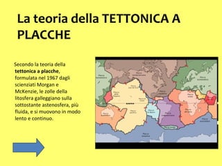 Secondo la teoria della  tettonica a placche , formulata nel 1967 dagli scienziati Morgan e McKenzie, le zolle della litosfera galleggiano sulla sottostante astenosfera, più fluida, e si muovono in modo lento e continuo. La teoria della TETTONICA A PLACCHE 