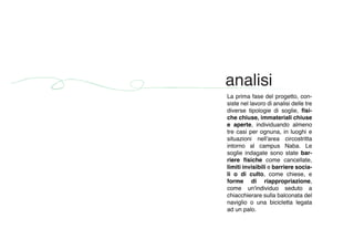 La prima fase del progetto, con-
siste nel lavoro di analisi delle tre
diverse tipologie di soglie, fisi-
che chiuse, immateriali chiuse
e aperte, individuando almeno
tre casi per ognuna, in luoghi e
situazioni nell'area circostritta
intorno al campus Naba. Le
soglie indagate sono state bar-
riere fisiche come cancellate,
limiti invisibili e barriere socia-
li o di culto, come chiese, e
forme di riappropriazione,
come un'individuo seduto a
chiacchierare sulla balconata del
naviglio o una bicicletta legata
ad un palo.
 