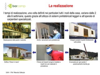 I tempi di realizzazione, una volta definiti nei particolari tutti i nodi della casa, variano dalle 2 alle 6 settimane, questo grazie all’utilizzo di sistemi prefabbricati leggeri e all’operato di carpentieri specializzati.  La realizzazione IUAV – Prof. Maurizio Galluzzo Realizzazione delle pareti in azienda Anche i serramenti sono prefabbricati Vengono posate le pareti direttamente sulla platea Si procede per ogni parete il posizionamento tramite gru Finiture ed impianti vengono installati e inseriti nei vani realizzati in precedenza Edificio “Chiavi in mano” 
