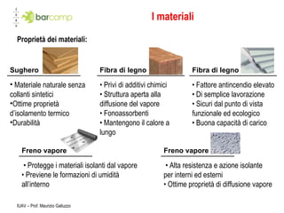 I materiali Proprietà dei materiali: IUAV – Prof. Maurizio Galluzzo Freno vapore •  Protegge i materiali isolanti dal vapore •  Previene le formazioni di umidità all’interno Sughero Materiale naturale senza collanti sintetici Ottime proprietà d’isolamento termico Durabilità Fibra di legno •  Privi di additivi chimici •  Struttura aperta alla diffusione del vapore •  Fonoassorbenti •  Mantengono il calore a lungo Fibra di legno •  Fattore antincendio elevato •  Di semplice lavorazione •  Sicuri dal punto di vista funzionale ed ecologico •  Buona capacità di carico Freno vapore •  Alta resistenza e azione isolante per interni ed esterni •  Ottime proprietà di diffusione vapore 