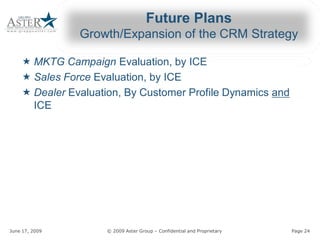 Future Plans 
                                  Growth/Expansion of the CRM Strategy
                                  Growth/Expansion of the CRM Strategy 

     « MKTG Campaign Evaluation, by ICE 
                        Evaluation, by ICE 
     « Sales Force Evaluation, by ICE 
                   Evaluation, by ICE 
     « Dealer Evaluation, By Customer Profile Dynamics 
              Evaluation, By Customer Profile Dynamics and 
       ICE 




June 17, 2009                                          © 2009 Aster Group – Confidential and Proprietary 
                                                                            Confidential and Proprietary    Page 24 
 