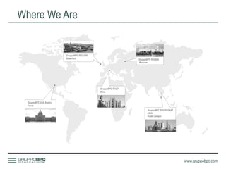 Where We Are
www.gruppobpc.com
GruppoBPC RUSSIA
Moscow
GruppoBPC IRELAND
Waterford
GruppoBPC ITALY
Milan
GruppoBPC USA Austin,
Texas
GruppoBPC SOUTH EAST
ASIA
Kuala Lumpur