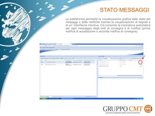 La piattaforma permette la visualizzazione grafica dello stato dei
messaggi e delle notifiche tramite la visualizzazione di segnali e
di un’ interfaccia intuitiva. Ciò consente la tracciatura automatica
per ogni messaggio degli esiti di consegna e di notifica (prima
notifica di accettazione o seconda notifica di consegna).
 