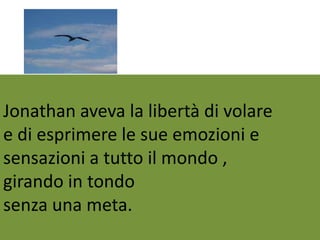 Jonathan aveva la libertà di volare
e di esprimere le sue emozioni e
sensazioni a tutto il mondo ,
girando in tondo
senza una meta.
 