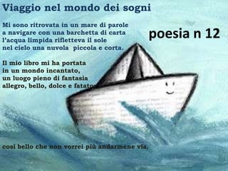 Viaggio nel mondo dei sogni
Mi sono ritrovata in un mare di parole
a navigare con una barchetta di carta
l’acqua limpida rifletteva il sole
                                           poesia n 12
nel cielo una nuvola piccola e corta.

Il mio libro mi ha portata
in un mondo incantato,
un luogo pieno di fantasia
allegro, bello, dolce e fatato;




così bello che non vorrei più andarmene via.
 