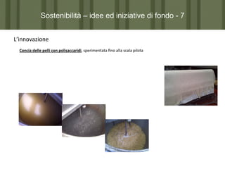 Sostenibilità – idee ed iniziative di fondo - 7
L’innovazione	
  
Concia	
  delle	
  pelli	
  con	
  polisaccaridi,	
  sperimentata	
  ﬁno	
  alla	
  scala	
  pilota	
  

	
  

 