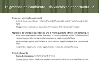 La	
  ges7one	
  dell’ambiente	
  –	
  da	
  vincolo	
  ad	
  opportunità	
  -­‐	
  2	
  
Ambiente:	
  potenziale	
  opportunità	
  
Scelta	
  di	
  fondo	
  coerente	
  con	
  i	
  valori	
  dell’azienda	
  (“Sustainable	
  leather”	
  parte	
  integrante	
  del	
  
	
  logo)	
  
	
  

	
  A?eggiamento	
  razionale	
  per	
  rispondere	
  all’evoluzione	
  delle	
  richieste	
  del	
  mercato	
  
	
  

Approccio:	
  da	
  una	
  logica	
  aziendale	
  ad	
  una	
  di	
  ﬁliera;	
  guardare	
  oltre	
  i	
  nostri	
  cancelli	
  per:	
  

	
  avere	
  una	
  prospePva	
  ar7colata	
  e	
  sistema7ca	
  in	
  campo	
  ambientale	
  (es	
  Life	
  Cycle	
  Assessment)	
  
	
  cogliere	
  le	
  potenzialità	
  derivan7	
  dalla	
  cooperazione	
  tra	
  gli	
  a?ori	
  della	
  ﬁliera	
  
	
  individuare	
  vantaggi	
  reciproci	
  insieme	
  ai	
  nostri	
  fornitori	
  volgendo	
  lo	
  sguardo	
  al	
  consumatore	
  
	
  ﬁnale	
  

	
  

	
  comprendere	
  opportunità	
  e	
  rischi	
  lega7	
  al	
  nostro	
  ruolo	
  nella	
  catena	
  di	
  fornitura	
  

Aree	
  di	
  intervento	
  
	
  Ricerca	
  &	
  Innovazione,	
  mediante	
  progeP	
  di	
  ﬁliera	
  
	
  Comunicazione,	
  interna	
  ed	
  esterna,	
  mediante	
  strumen7	
  credibili,	
  accura7	
  e	
  veriﬁca7	
  da	
  terzi	
  

	
  	
  

 
