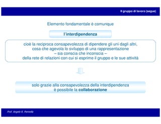 Il gruppo di lavoro (segue)



                              Elemento fondamentale è comunque

                                       l’interdipendenza

               cioè la reciproca consapevolezza di dipendere gli uni dagli altri,
                    cosa che agevola lo sviluppo di una rappresentazione
                                  – sia conscia che inconscia –
              della rete di relazioni con cui si esprime il gruppo e le sue attività




                      solo grazie alla consapevolezza della interdipendenza
                                   è possibile la collaborazione




Prof. Angelo R. Pennella
 