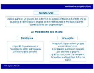 Membership e groupship (segue)


                                          Membership

     essere parte di un gruppo sia in termini di rappresentazione mentale che di
       capacità di identificare il gruppo come interlocutore e mediatore per la
                            soddisfazione dei propri bisogni.


                                    La membership può essere:

                           fisiologica                       patologica

                                                    incapacità di percepire il gruppo
            capacità di confrontarsi e                      come interlocutore,
         riconoscersi come individualità            di negoziare quindi con il gruppo
             all’interno della socialità                   per ottenere le proprie
                                                    gratificazioni, cosa che comporta
                                                   la tendenza a fagocitare il diverso
                                                                    da sé

Prof. Angelo R. Pennella
 