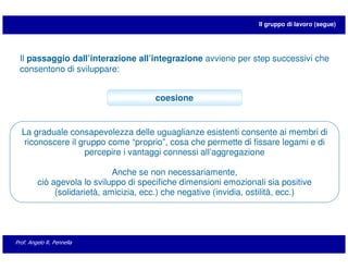Il gruppo di lavoro (segue)




 Il passaggio dall’interazione all’integrazione avviene per step successivi che
 consentono di sviluppare:


                                        coesione


  La graduale consapevolezza delle uguaglianze esistenti consente ai membri di
   riconoscere il gruppo come “proprio”, cosa che permette di fissare legami e di
                   percepire i vantaggi connessi all’aggregazione

                              Anche se non necessariamente,
         ciò agevola lo sviluppo di specifiche dimensioni emozionali sia positive
              (solidarietà, amicizia, ecc.) che negative (invidia, ostilità, ecc.)




Prof. Angelo R. Pennella
 