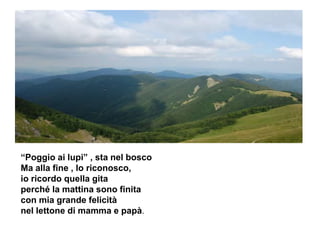 “Poggio ai lupi” , sta nel bosco
Ma alla fine , lo riconosco,
io ricordo quella gita
perché la mattina sono finita
con mia grande felicità
nel lettone di mamma e papà.
 