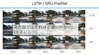 LSTM / GRU-PredNet
10651 10661 10671 10681 10691
LSTM
GRU
正解
見た目ではそれほど違いがない。
(小さいし…)
 