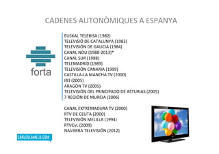 CADENES	
  AUTONÒMIQUES	
  A	
  ESPANYA	
  
EUSKAL	
  TELEBISA	
  (1982)	
  
TELEVISIÓ	
  DE	
  CATALUNYA	
  (1983)	
  
TELEVISIÓN	
  DE	
  GALICIA	
  (1984)	
  
CANAL	
  NOU	
  (1988-­‐2013)*	
  
CANAL	
  SUR	
  (1988)	
  
TELEMADRID	
  (1989)	
  
TELEVISIÓN	
  CANARIA	
  (1999)	
  
CASTILLA-­‐LA	
  MANCHA	
  TV	
  (2000)	
  
IB3	
  (2005)	
  
ARAGÓN	
  TV	
  (2005)	
  
TELEVISIÓN	
  DEL	
  PRINCIPADO	
  DE	
  ASTURIAS	
  (2005)	
  
7	
  REGIÓN	
  DE	
  MURCIA	
  (2006)	
  
	
  
CANAL	
  EXTREMADURA	
  TV	
  (2000)	
  
RTV	
  DE	
  CEUTA	
  (2000)	
  
TELEVISIÓN	
  MELILLA	
  (1994)	
  
RTVCyL	
  (2009)	
  
NAVARRA	
  TELEVISIÓN	
  (2012)	
  
 