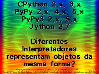 23/30
Danilo de Jesus da Silva Bellini | @danilobellini | facebook.com/djsbellini | github.com/danilobellini
Plugin pytest-doctest-custom – 2016-08-13 – GruPy-SP @ SciELO
CPython 2.x, 3.x
PyPy 2.x, 4.x, 5.x
PyPy3 2.x, 5.x
Jython 2.7
Diferentes
interpretadores
representam objetos da
mesma forma?
CPython 2.x, 3.x
PyPy 2.x, 4.x, 5.x
PyPy3 2.x, 5.x
Jython 2.7
Diferentes
interpretadores
representam objetos da
mesma forma?
 