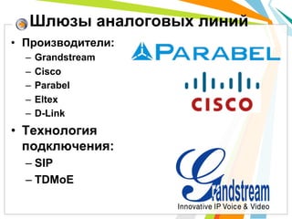 •  Производители:
–  Grandstream
–  Cisco
–  Parabel
–  Eltex
–  D-Link
•  Технология
подключения:
– SIP
– TDMoE
Шлюзы аналоговых линий
 