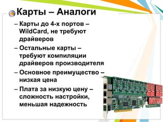 – Карты до 4-х портов –
WildCard, не требуют
драйверов
– Остальные карты –
требуют компиляции
драйверов производителя
– Основное преимущество –
низкая цена
– Плата за низкую цену –
сложность настройки,
меньшая надежность
Карты – Аналоги
 