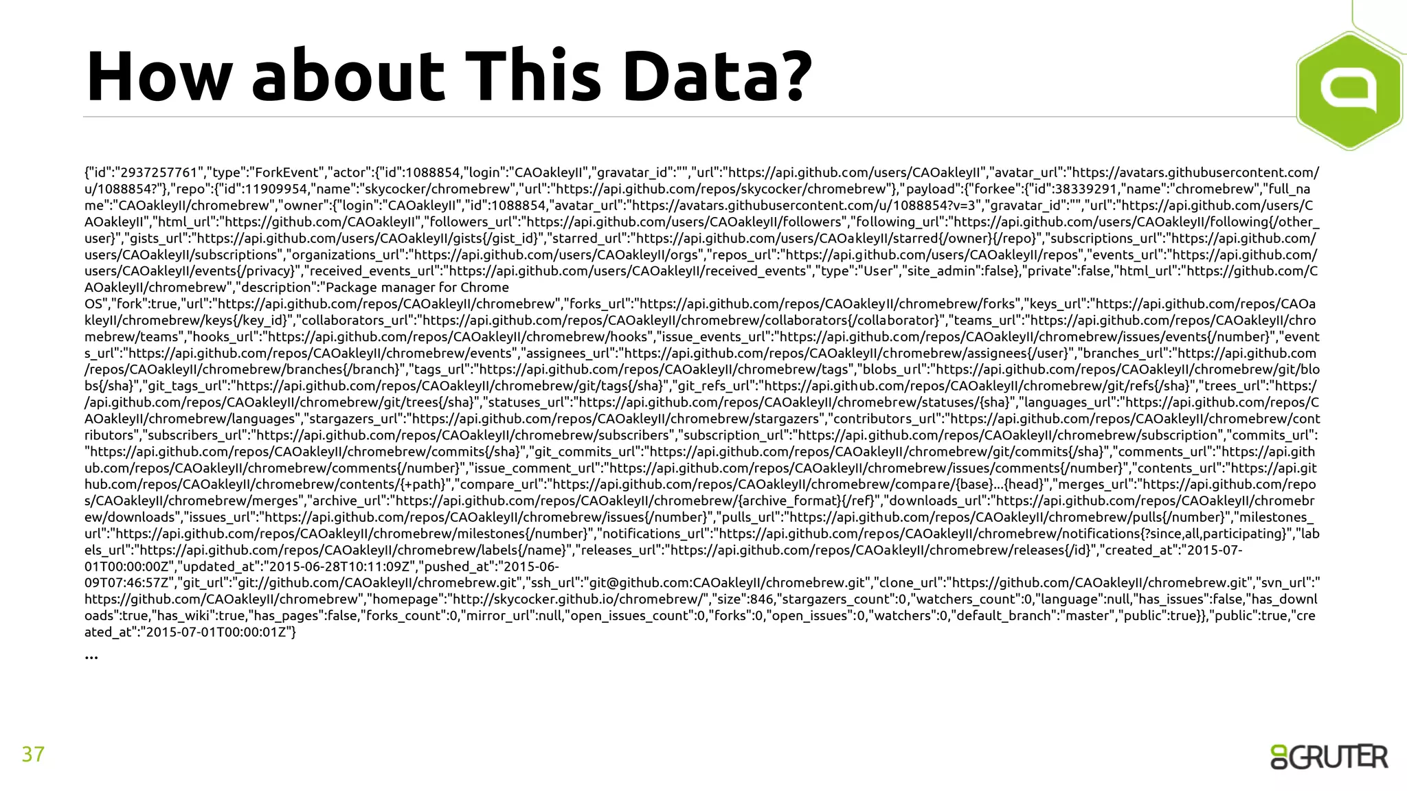 How about This Data?
{"id":"2937257761","type":"ForkEvent","actor":{"id":1088854,"login":"CAOakleyII","gravatar_id":"","url":"https://api.github.com/users/CAOakleyII","avatar_url":"https://avatars.githubusercontent.com/
u/1088854?"},"repo":{"id":11909954,"name":"skycocker/chromebrew","url":"https://api.github.com/repos/skycocker/chromebrew"},"payload":{"forkee":{"id":38339291,"name":"chromebrew","full_na
me":"CAOakleyII/chromebrew","owner":{"login":"CAOakleyII","id":1088854,"avatar_url":"https://avatars.githubusercontent.com/u/1088854?v=3","gravatar_id":"","url":"https://api.github.com/users/C
AOakleyII","html_url":"https://github.com/CAOakleyII","followers_url":"https://api.github.com/users/CAOakleyII/followers","following_url":"https://api.github.com/users/CAOakleyII/following{/other_
user}","gists_url":"https://api.github.com/users/CAOakleyII/gists{/gist_id}","starred_url":"https://api.github.com/users/CAOakleyII/starred{/owner}{/repo}","subscriptions_url":"https://api.github.com/
users/CAOakleyII/subscriptions","organizations_url":"https://api.github.com/users/CAOakleyII/orgs","repos_url":"https://api.github.com/users/CAOakleyII/repos","events_url":"https://api.github.com/
users/CAOakleyII/events{/privacy}","received_events_url":"https://api.github.com/users/CAOakleyII/received_events","type":"User","site_admin":false},"private":false,"html_url":"https://github.com/C
AOakleyII/chromebrew","description":"Package manager for Chrome
OS","fork":true,"url":"https://api.github.com/repos/CAOakleyII/chromebrew","forks_url":"https://api.github.com/repos/CAOakleyII/chromebrew/forks","keys_url":"https://api.github.com/repos/CAOa
kleyII/chromebrew/keys{/key_id}","collaborators_url":"https://api.github.com/repos/CAOakleyII/chromebrew/collaborators{/collaborator}","teams_url":"https://api.github.com/repos/CAOakleyII/chro
mebrew/teams","hooks_url":"https://api.github.com/repos/CAOakleyII/chromebrew/hooks","issue_events_url":"https://api.github.com/repos/CAOakleyII/chromebrew/issues/events{/number}","event
s_url":"https://api.github.com/repos/CAOakleyII/chromebrew/events","assignees_url":"https://api.github.com/repos/CAOakleyII/chromebrew/assignees{/user}","branches_url":"https://api.github.com
/repos/CAOakleyII/chromebrew/branches{/branch}","tags_url":"https://api.github.com/repos/CAOakleyII/chromebrew/tags","blobs_url":"https://api.github.com/repos/CAOakleyII/chromebrew/git/blo
bs{/sha}","git_tags_url":"https://api.github.com/repos/CAOakleyII/chromebrew/git/tags{/sha}","git_refs_url":"https://api.github.com/repos/CAOakleyII/chromebrew/git/refs{/sha}","trees_url":"https:/
/api.github.com/repos/CAOakleyII/chromebrew/git/trees{/sha}","statuses_url":"https://api.github.com/repos/CAOakleyII/chromebrew/statuses/{sha}","languages_url":"https://api.github.com/repos/C
AOakleyII/chromebrew/languages","stargazers_url":"https://api.github.com/repos/CAOakleyII/chromebrew/stargazers","contributors_url":"https://api.github.com/repos/CAOakleyII/chromebrew/cont
ributors","subscribers_url":"https://api.github.com/repos/CAOakleyII/chromebrew/subscribers","subscription_url":"https://api.github.com/repos/CAOakleyII/chromebrew/subscription","commits_url":
"https://api.github.com/repos/CAOakleyII/chromebrew/commits{/sha}","git_commits_url":"https://api.github.com/repos/CAOakleyII/chromebrew/git/commits{/sha}","comments_url":"https://api.gith
ub.com/repos/CAOakleyII/chromebrew/comments{/number}","issue_comment_url":"https://api.github.com/repos/CAOakleyII/chromebrew/issues/comments{/number}","contents_url":"https://api.git
hub.com/repos/CAOakleyII/chromebrew/contents/{+path}","compare_url":"https://api.github.com/repos/CAOakleyII/chromebrew/compare/{base}...{head}","merges_url":"https://api.github.com/repo
s/CAOakleyII/chromebrew/merges","archive_url":"https://api.github.com/repos/CAOakleyII/chromebrew/{archive_format}{/ref}","downloads_url":"https://api.github.com/repos/CAOakleyII/chromebr
ew/downloads","issues_url":"https://api.github.com/repos/CAOakleyII/chromebrew/issues{/number}","pulls_url":"https://api.github.com/repos/CAOakleyII/chromebrew/pulls{/number}","milestones_
url":"https://api.github.com/repos/CAOakleyII/chromebrew/milestones{/number}","notifications_url":"https://api.github.com/repos/CAOakleyII/chromebrew/notifications{?since,all,participating}","lab
els_url":"https://api.github.com/repos/CAOakleyII/chromebrew/labels{/name}","releases_url":"https://api.github.com/repos/CAOakleyII/chromebrew/releases{/id}","created_at":"2015-07-
01T00:00:00Z","updated_at":"2015-06-28T10:11:09Z","pushed_at":"2015-06-
09T07:46:57Z","git_url":"git://github.com/CAOakleyII/chromebrew.git","ssh_url":"git@github.com:CAOakleyII/chromebrew.git","clone_url":"https://github.com/CAOakleyII/chromebrew.git","svn_url":"
https://github.com/CAOakleyII/chromebrew","homepage":"http://skycocker.github.io/chromebrew/","size":846,"stargazers_count":0,"watchers_count":0,"language":null,"has_issues":false,"has_downl
oads":true,"has_wiki":true,"has_pages":false,"forks_count":0,"mirror_url":null,"open_issues_count":0,"forks":0,"open_issues":0,"watchers":0,"default_branch":"master","public":true}},"public":true,"cre
ated_at":"2015-07-01T00:00:01Z"}
...
37
 