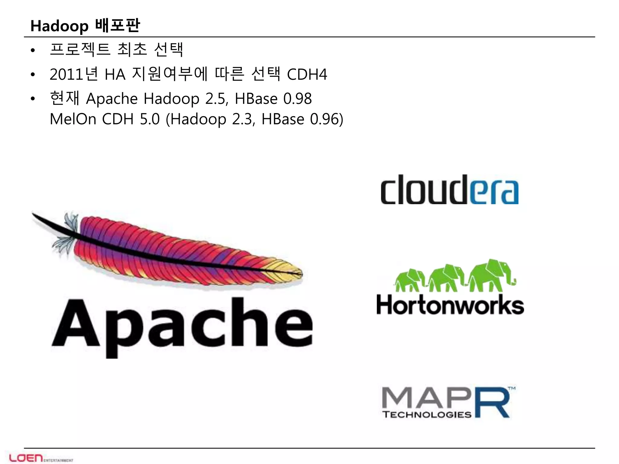 Hadoop 배포판 
• 프로젝트 최초 선택 
• 2011년 HA 지원여부에 따른 선택 CDH4 
• 현재 Apache Hadoop 2.5, HBase 0.98 
MelOn CDH 5.0 (Hadoop 2.3, HBase 0.96) 
 