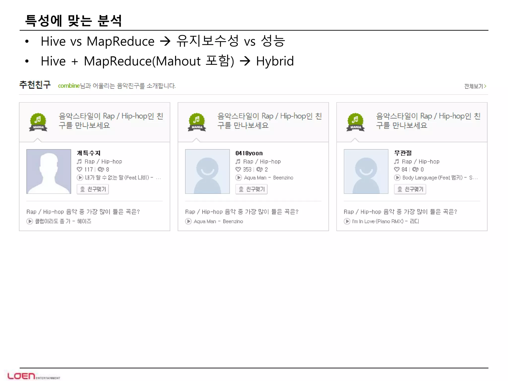 특성에 맞는 분석 
• Hive vs MapReduce  유지보수성 vs 성능 
• Hive + MapReduce(Mahout 포함)  Hybrid 
 