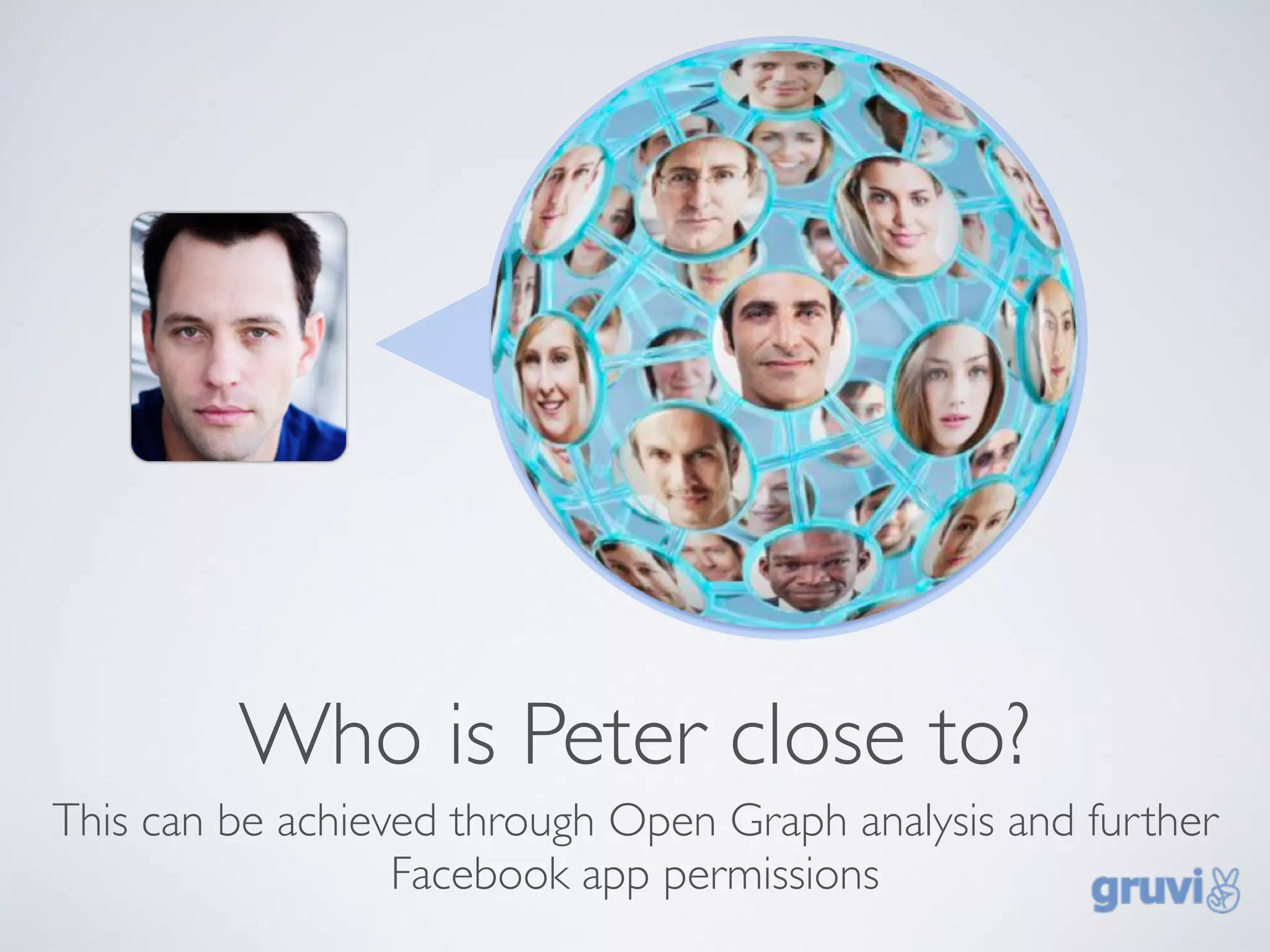 Who is Peter close to?
This can be achieved through Open Graph analysis and further
                  Facebook app permissions
 