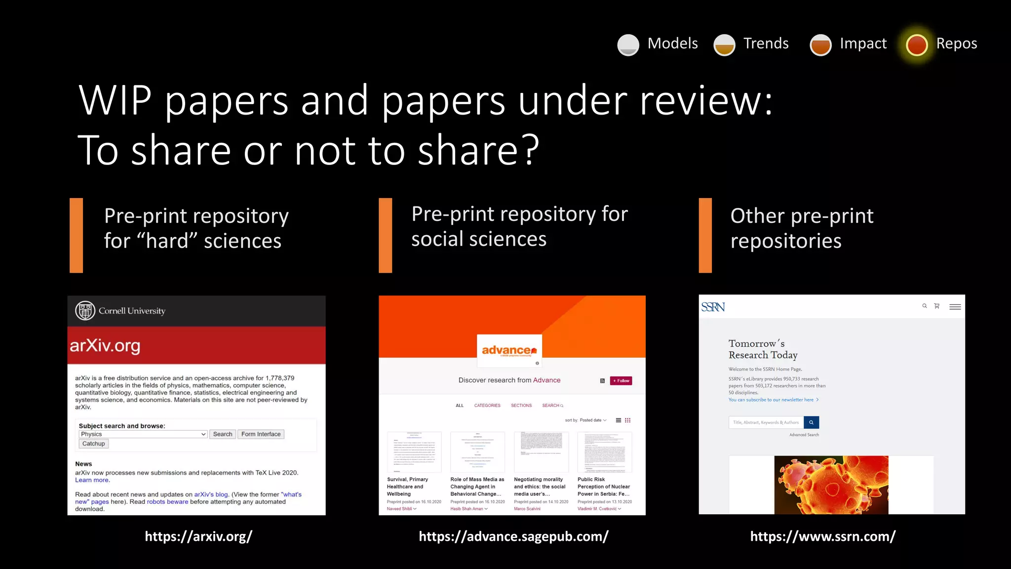 WIP papers and papers under review:
To share or not to share?
Pre-print repository
for “hard” sciences
Pre-print repository for
social sciences
Other pre-print
repositories
https://arxiv.org/ https://advance.sagepub.com/ https://www.ssrn.com/
Models Trends Impact Repos
 