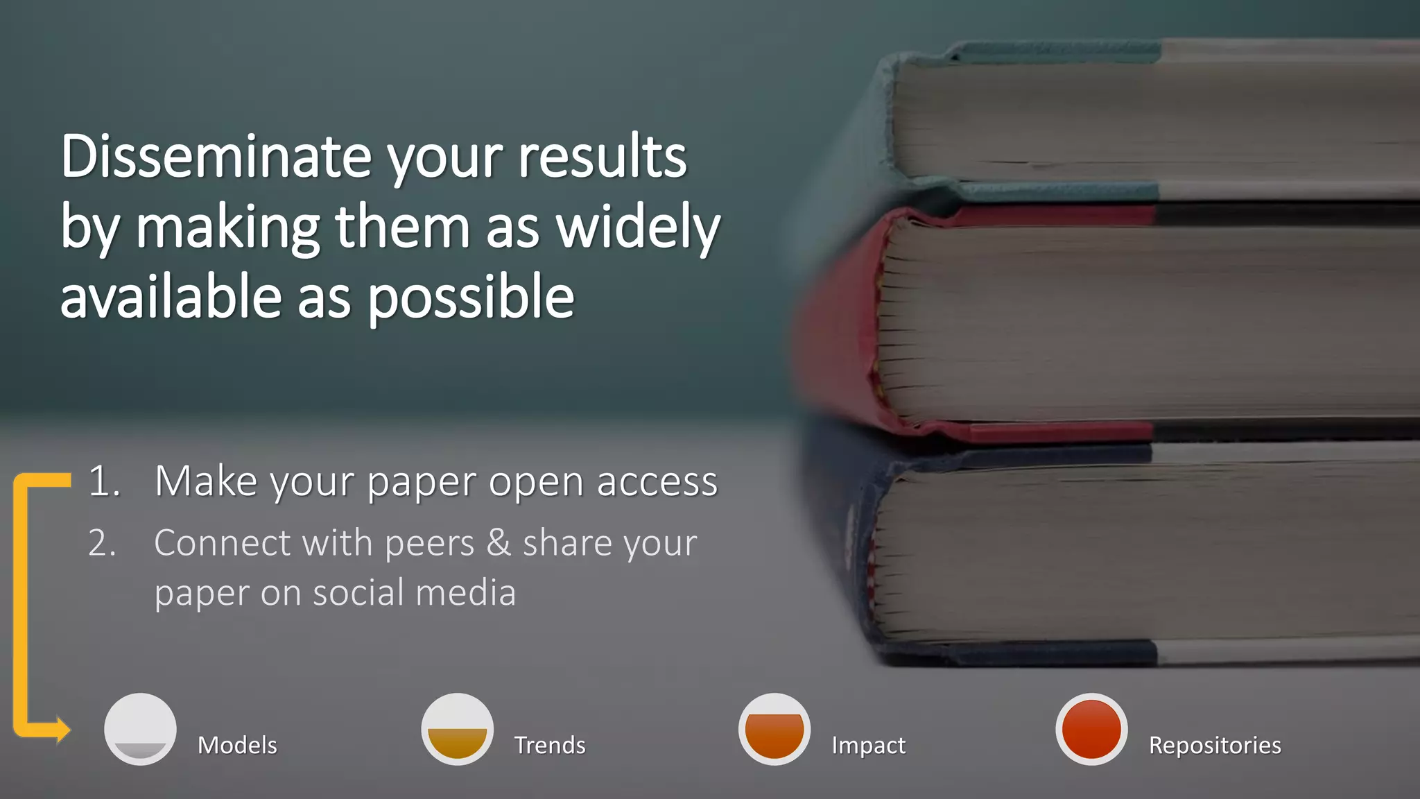 Disseminate your results
by making them as widely
available as possible
Models Trends Impact Repositories
1. Make your paper open access
2. Connect with peers & share your
paper on social media
 