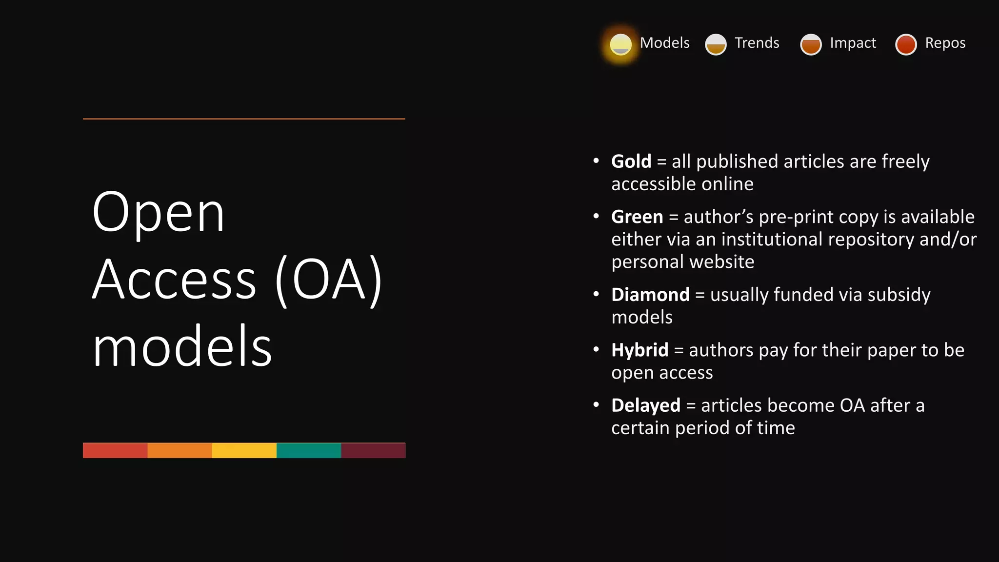 Open
Access (OA)
models
• Gold = all published articles are freely
accessible online
• Green = author’s pre-print copy is available
either via an institutional repository and/or
personal website
• Diamond = usually funded via subsidy
models
• Hybrid = authors pay for their paper to be
open access
• Delayed = articles become OA after a
certain period of time
Models Trends Impact Repos
 