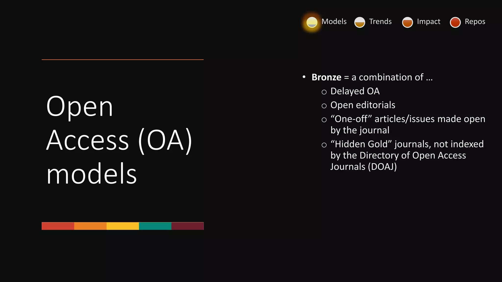 Open
Access (OA)
models
• Bronze = a combination of …
o Delayed OA
o Open editorials
o “One-off” articles/issues made open
by the journal
o “Hidden Gold” journals, not indexed
by the Directory of Open Access
Journals (DOAJ)
Models Trends Impact Repos
 