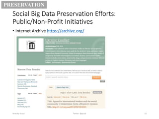Social Big Data Preservation Efforts:
Public/Non-Profit Initiatives
• Internet Archive https://archive.org/
Anatoliy Gruzd 23
PRESERVATION
Twitter: @gruzd
 