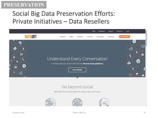 Social Big Data Preservation Efforts:
Private Initiatives – Data Resellers
Anatoliy Gruzd 24
PRESERVATION
Twitter: @gruzd
 