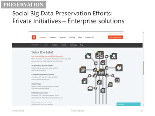 Social Big Data Preservation Efforts:
Private Initiatives – Enterprise solutions
Anatoliy Gruzd 25
PRESERVATION
Twitter: @gruzd
 