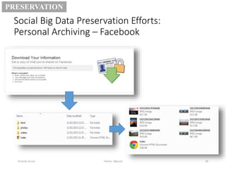 Social Big Data Preservation Efforts:
Personal Archiving – Facebook
Anatoliy Gruzd 26
PRESERVATION
Twitter: @gruzd
 