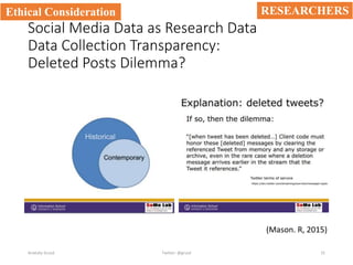 Social Media Data as Research Data
Data Collection Transparency:
Deleted Posts Dilemma?
Anatoliy Gruzd Twitter: @gruzd 31
Ethical Consideration
(Mason. R, 2015)
RESEARCHERS
 