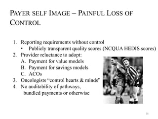 16 
PAYER SELF IMAGE – PAINFUL LOSS OF 
CONTROL 
1. Reporting requirements without control 
• Publicly transparent quality scores (NCQUA HEDIS scores) 
2. Provider reluctance to adopt: 
A. Payment for value models 
B. Payment for savings models 
C. ACOs 
3. Oncologists “control hearts & minds” 
4. No auditability of pathways, 
bundled payments or otherwise 
 