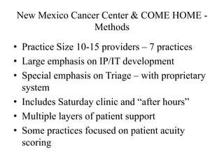 New Mexico Cancer Center & COME HOME - 
Methods 
• Practice Size 10-15 providers – 7 practices 
• Large emphasis on IP/IT development 
• Special emphasis on Triage – with proprietary 
system 
• Includes Saturday clinic and “after hours” 
• Multiple layers of patient support 
• Some practices focused on patient acuity 
scoring 
 