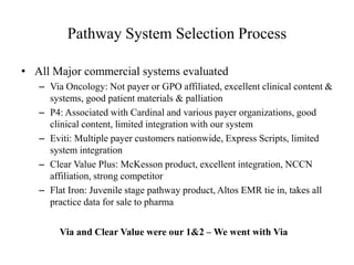 Pathway System Selection Process 
• All Major commercial systems evaluated 
– Via Oncology: Not payer or GPO affiliated, excellent clinical content & 
systems, good patient materials & palliation 
– P4: Associated with Cardinal and various payer organizations, good 
clinical content, limited integration with our system 
– Eviti: Multiple payer customers nationwide, Express Scripts, limited 
system integration 
– Clear Value Plus: McKesson product, excellent integration, NCCN 
affiliation, strong competitor 
– Flat Iron: Juvenile stage pathway product, Altos EMR tie in, takes all 
practice data for sale to pharma 
Via and Clear Value were our 1&2 –We went with Via 
 