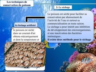 Les techniques de
conservation du poisson
Le poisson est séché pour faciliter sa
conservation par abaissement de
l’activité de l’eau et surtout sa
commercialisation en toute saison.
Le séchage a pour intérêt une inhibition
du développement des microorganismes,
et une inactivation des bactéries
intrinsèques .
Il existe deux méthode pour le séchage
2- Le séchage
le poisson est séché
par exposition à l'air
libre ou au soleil.
le poisson est séché
dans un courant d'air
obtenu mécaniquement
et dont la température et
l'humidité peuvent être
contrôlées
a) séchage naturelb) Séchage artificiel
 