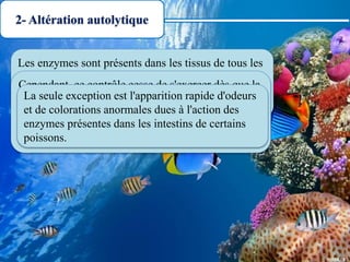 2- Altération autolytique
Les enzymes sont présents dans les tissus de tous les
êtres vivants et provoquent diverses réactions
chimiques. Chez les êtres vivants, l'organisme
contrôle de près le comportement de ces enzymes.
Cependant, ce contrôle cesse de s'exercer dès que la
mort intervient. Les enzymes commencent alors à
attaquer les tissus en fractionnant les composants
principaux en unités plus petites, selon un processus
identique à celui de la digestion.
La seule exception est l'apparition rapide d'odeurs
et de colorations anormales dues à l'action des
enzymes présentes dans les intestins de certains
poissons.
 